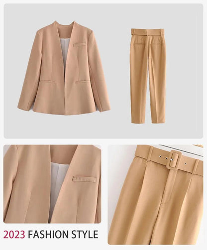 Two Pieces Set Office Wear Blazers Coat With Belt High Waist