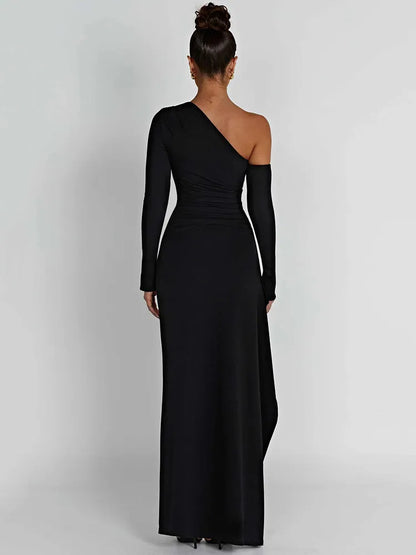 Oblique Shoulder Thigh Split Maxi Dress Long Sleeve Backless Bodycon Long