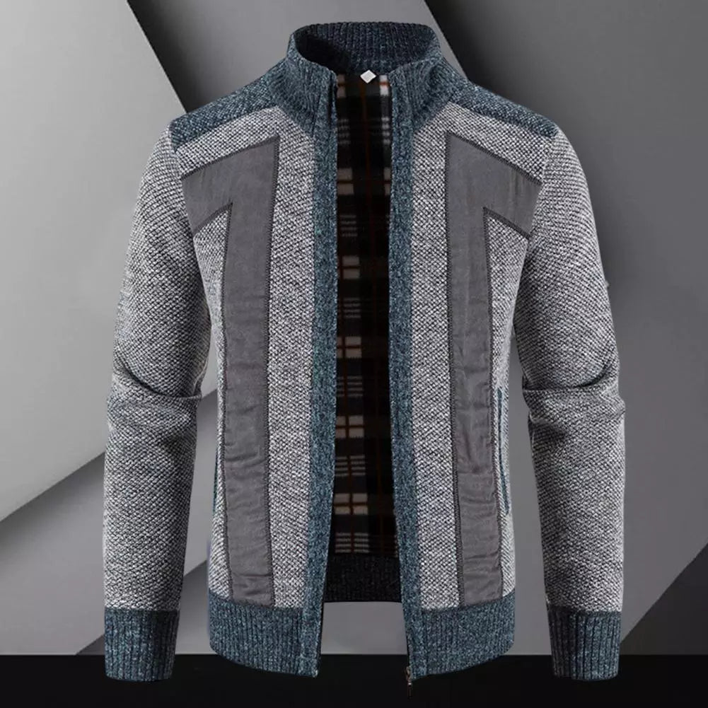 Men Cardigan Knit Patchwork Breathable Thick Long Sleeves