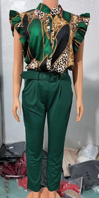 Two Piece Outfit Geometric Print Flutter Sleeve Top & Pants Set