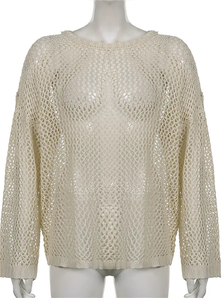 Fish Net Pullovers Crewneck Retro Sweater