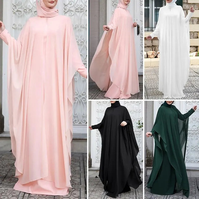 Long Abaya and Hijab 2pcs Long Sleeve Kaftan Dress