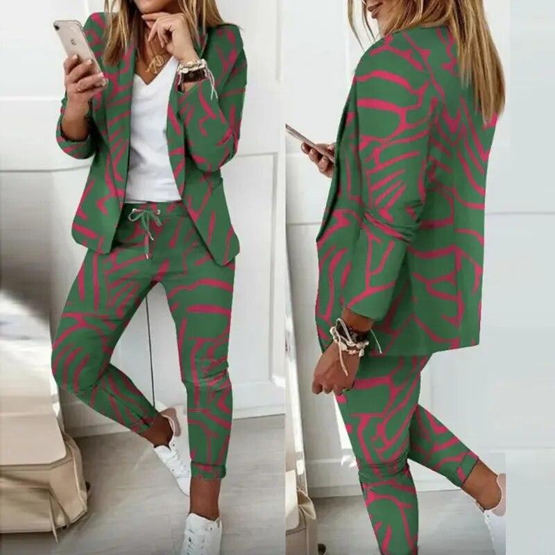 Elegant Office Women Blazers Pants Outfit Print Long Sleeve 2 pcs