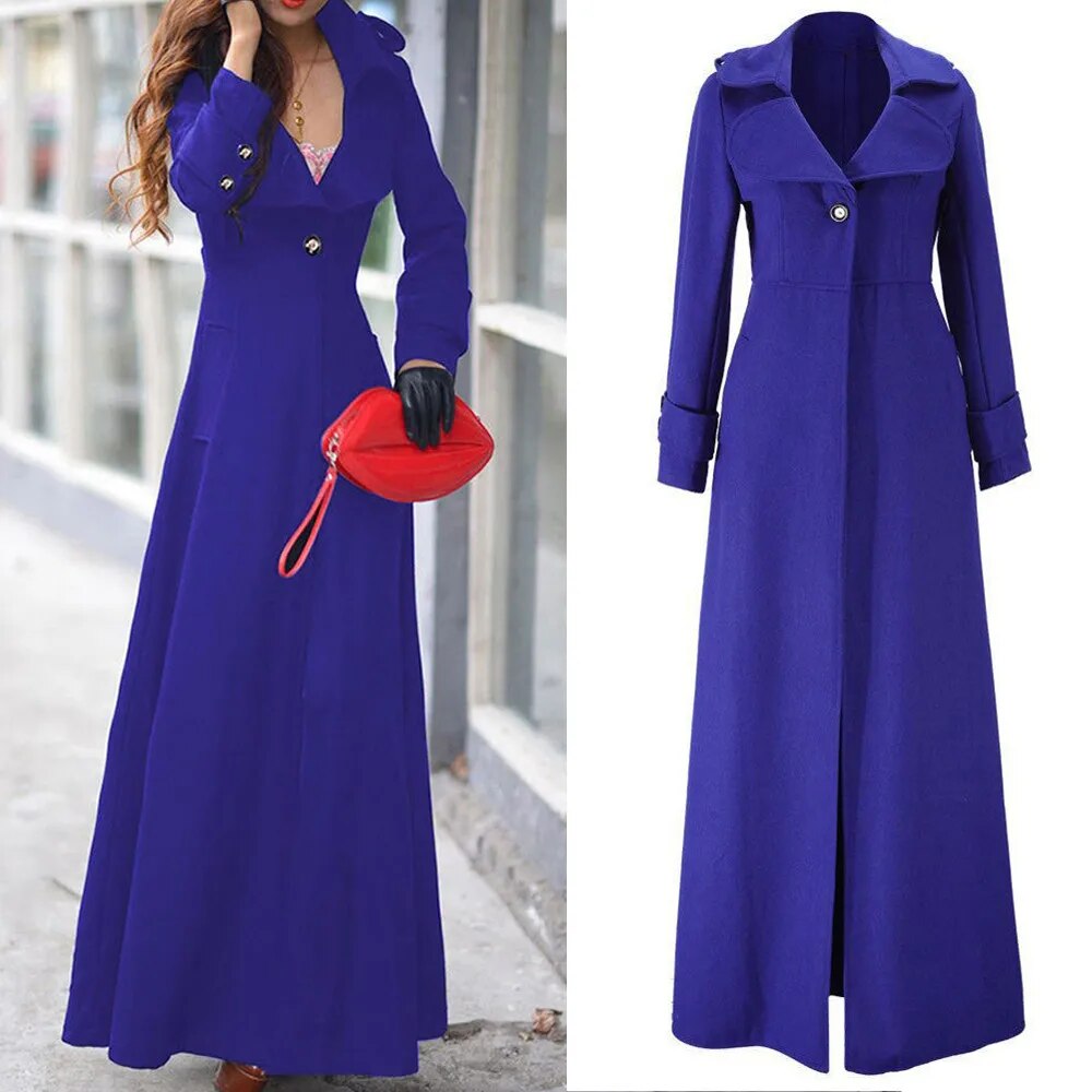 Long Wool Coat Winter Slim Elegant One Button Windbreaker