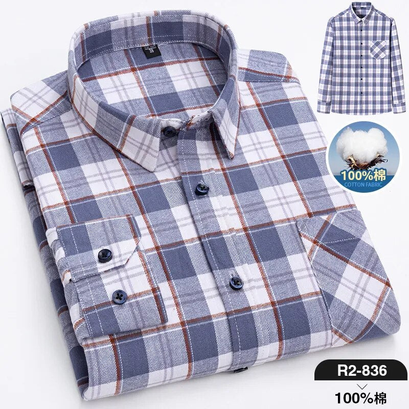 Pure Cotton Men's Plaid Long Sleeve Regular Fit Casual Plus Size