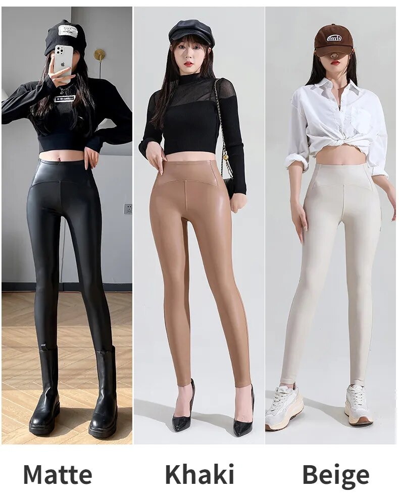 Pu Leather Women Winter High Waist Tights Stretch Soft Thin Fleece