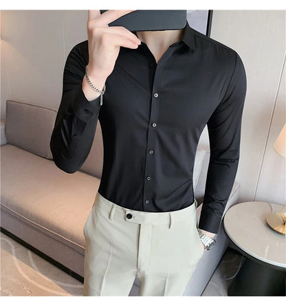 Stretchy High Elasticity Men Shirts Long Sleeve Slim Fit Casual