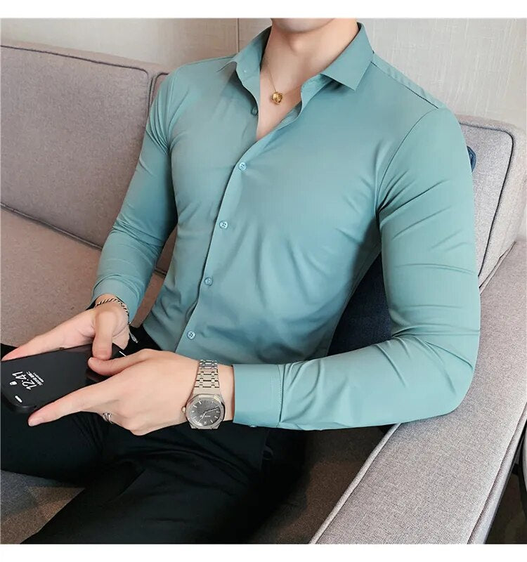 Stretchy High Elasticity Men Shirts Long Sleeve Slim Fit Casual