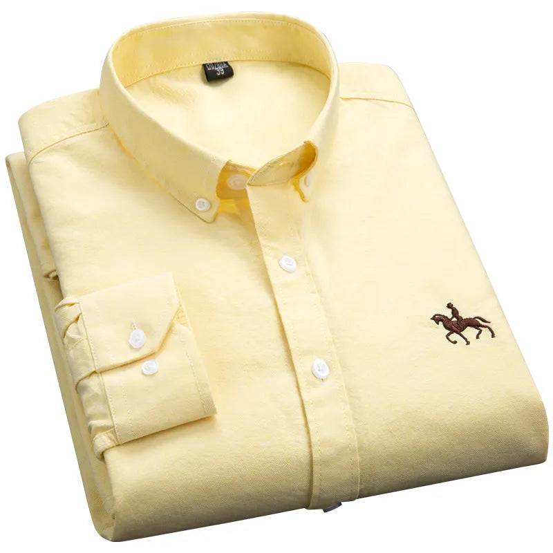 Cotton Oxford Shirts Men Long Sleeve Horse Casual No Pocket Solid