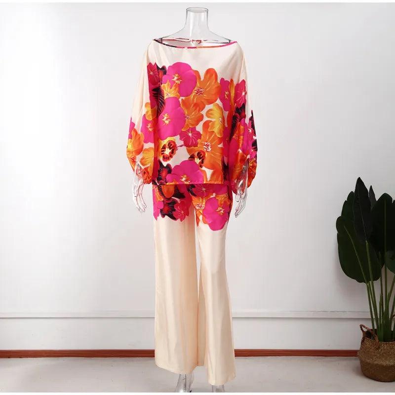 Satin Print Suit Fashion Hollow Off Shoulder Tops With Long Pants