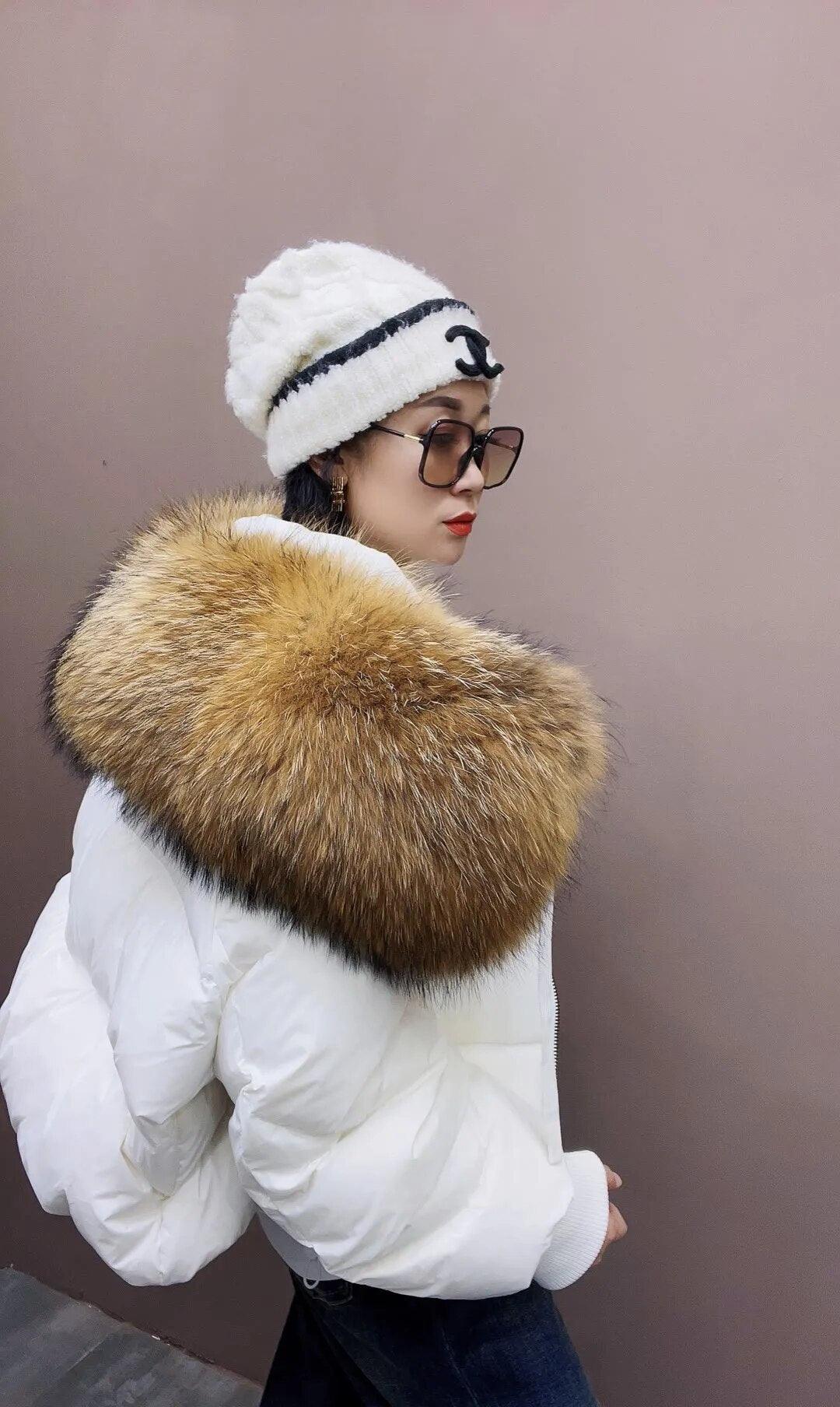 Real Raccoon Fur Collar Short Female Parkas Thick Warm Down Coat