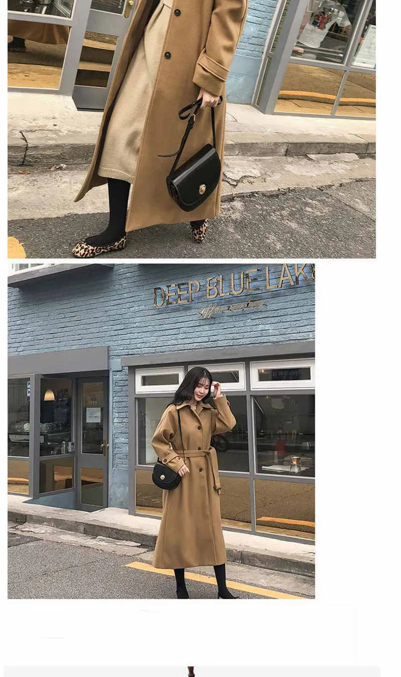 Faux Wool Elegant with Belt Thick Long Coat