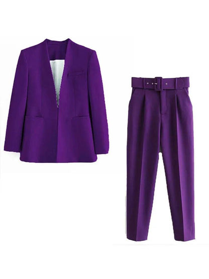 Two Pieces Set Office Wear Blazers Coat With Belt High Waist