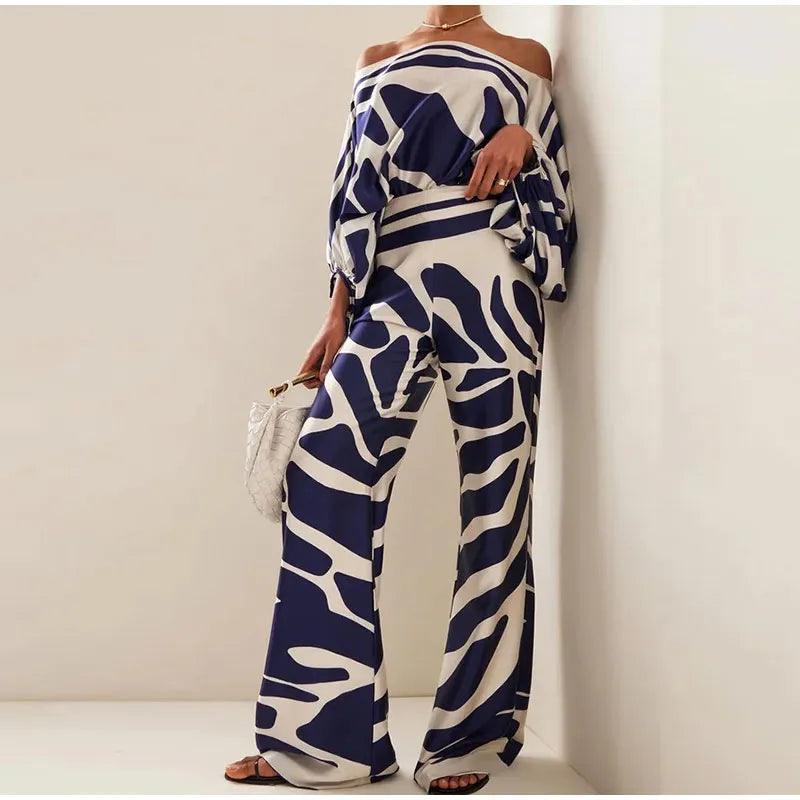 Satin Print Suit Fashion Hollow Off Shoulder Tops With Long Pants