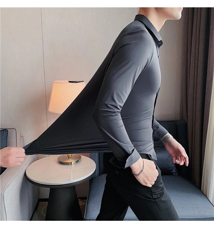 Stretchy High Elasticity Men Shirts Long Sleeve Slim Fit Casual