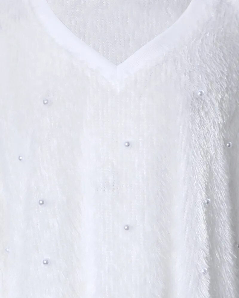 Beaded Long Sleeve Fluffy Top Pullover V Neck Loose Top Sweaters