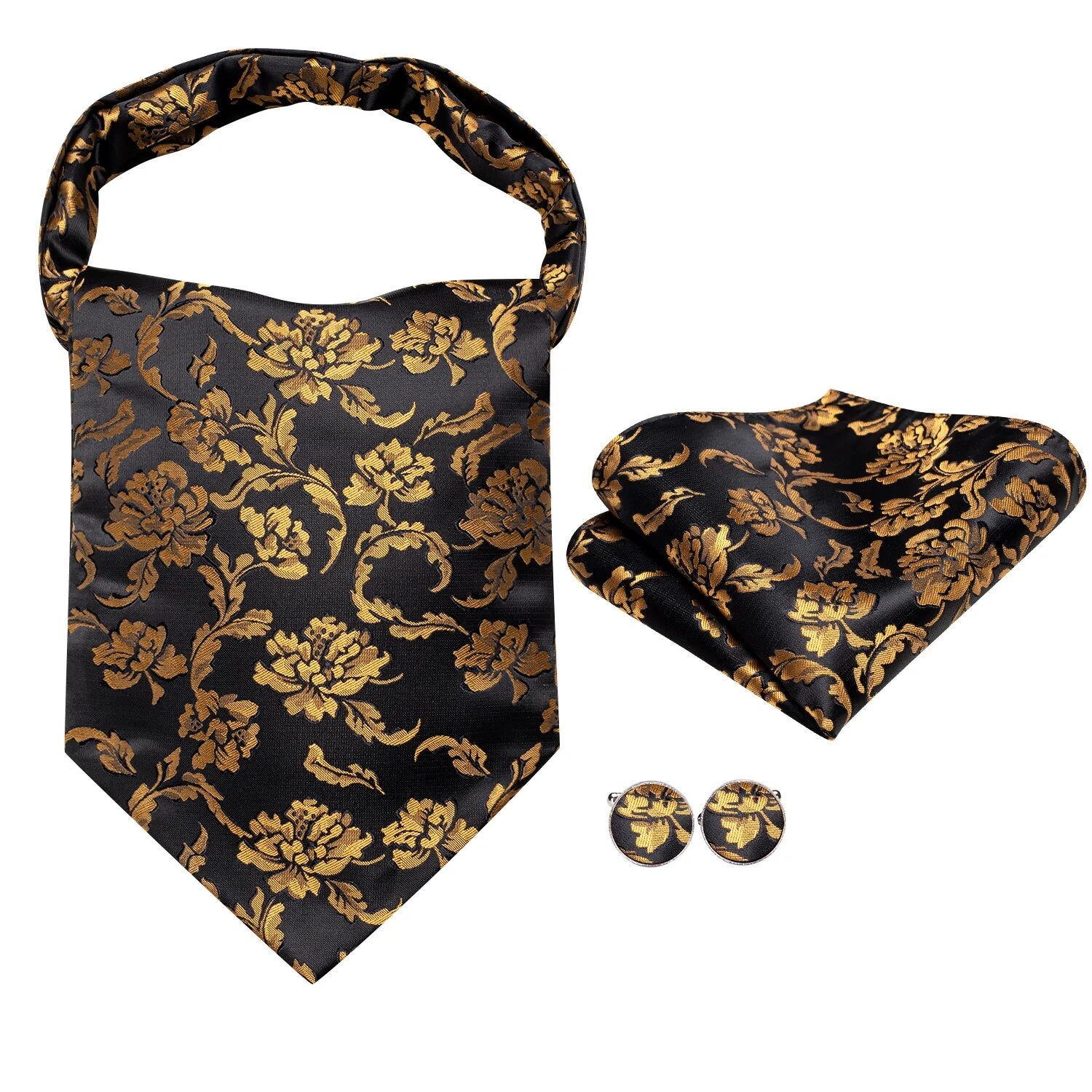 Hi-Tie Silk Mens Ascots Hanky Cufflinks Set Jacquard Paisley Floral Cravat