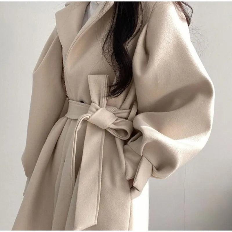 Long Puff Sleeve Clothes Autumn Elegant Belt Coat Women Chic Midi