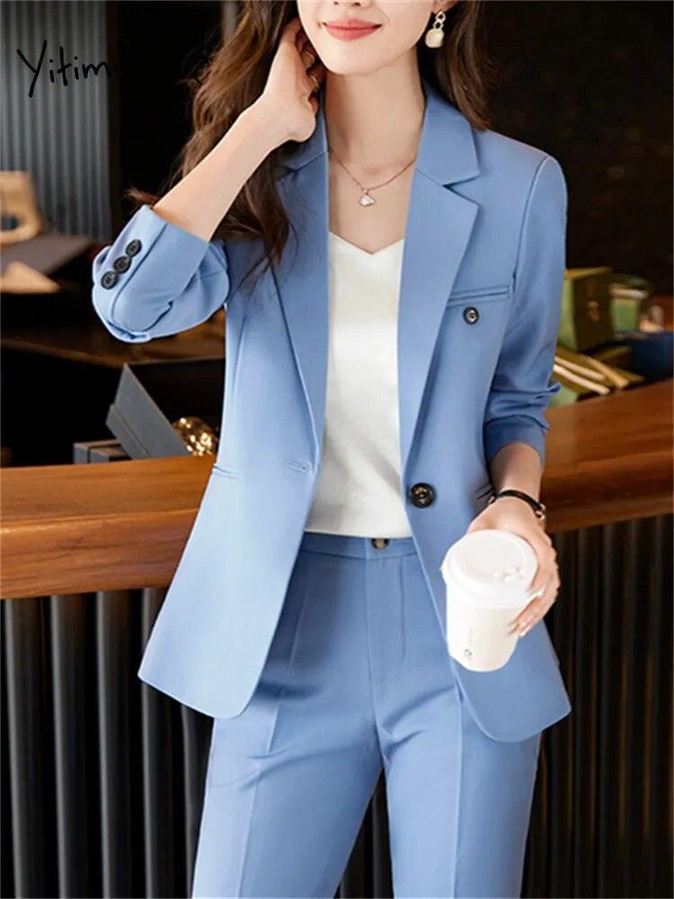 Blue Suits for Fashion Long Sleeve Blazer Chic High Waisted Pants