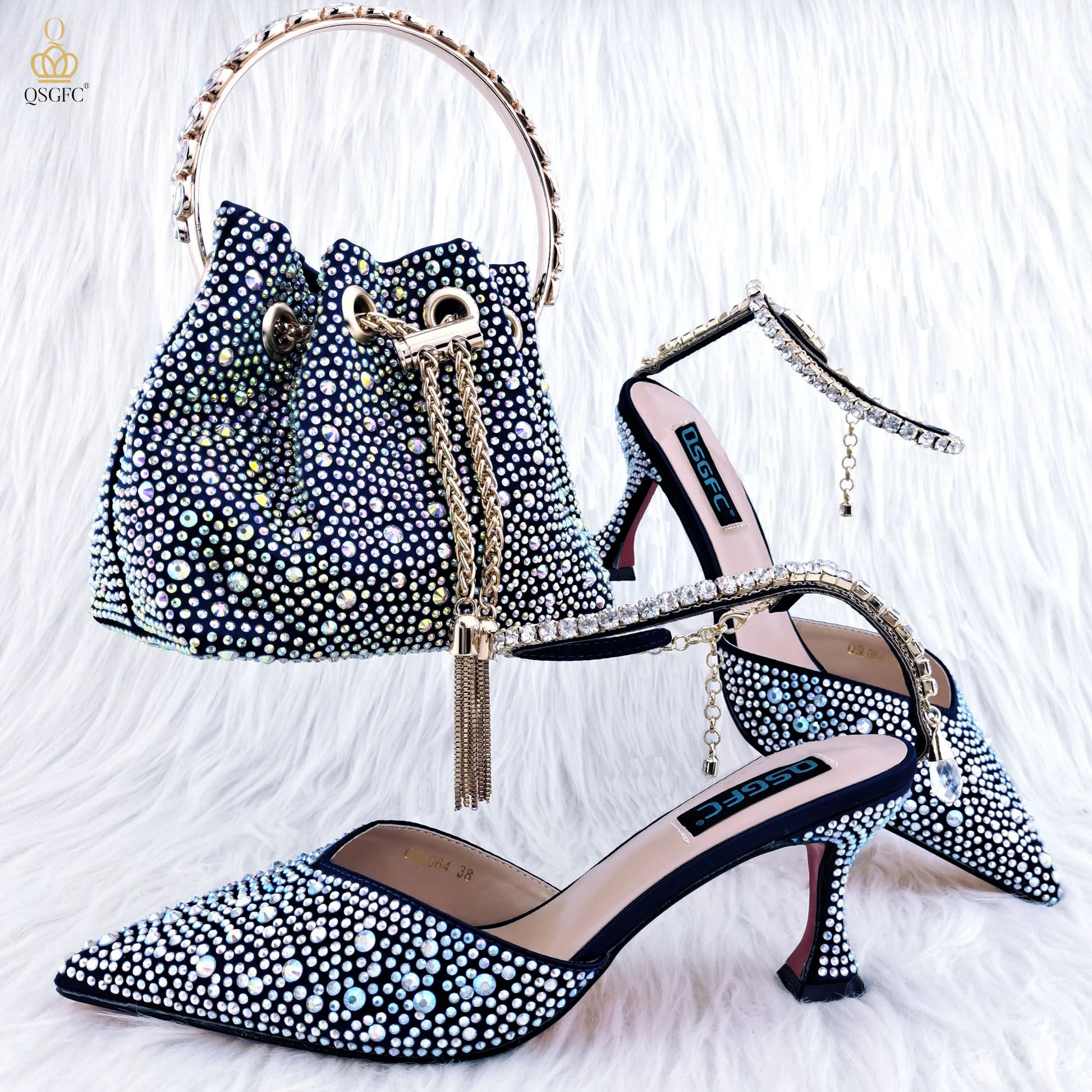 QSGFC Pointy Shoes And Bag Set Crystal Diamond