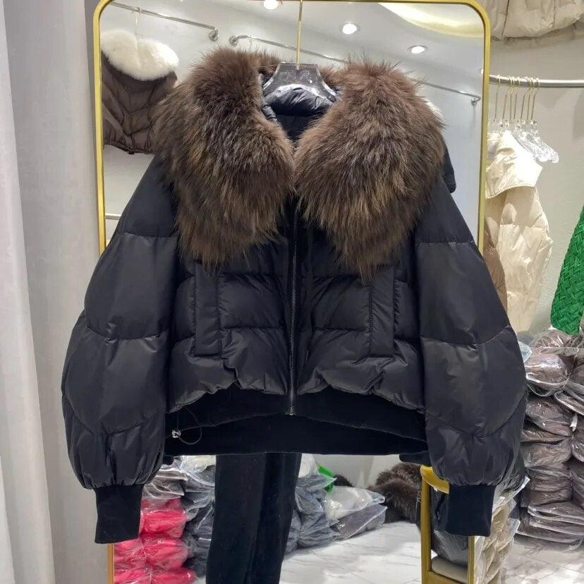 Real Raccoon Fur Collar Short Female Parkas Thick Warm Down Coat