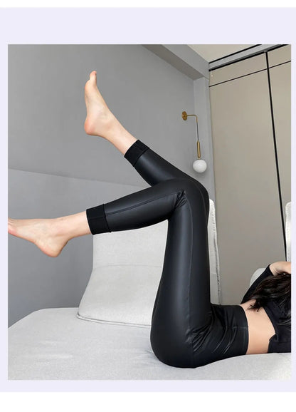 Pu Leather Women Winter High Waist Tights Stretch Soft Thin Fleece