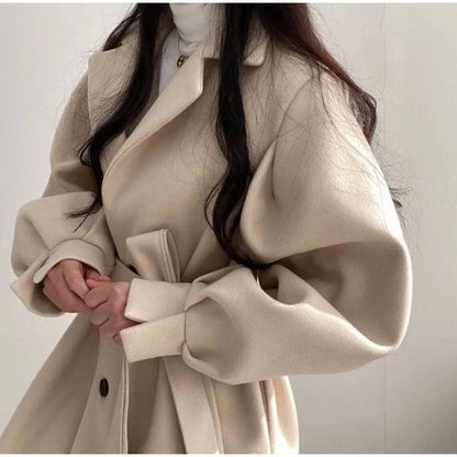 Long Puff Sleeve Clothes Autumn Elegant Belt Coat Women Chic Midi