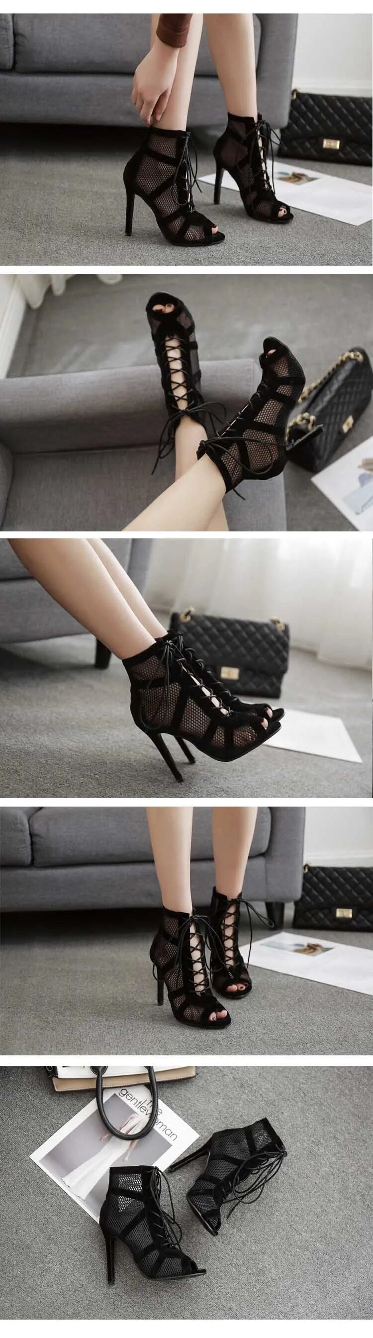 High Heels Mesh Cross-tied Peep Toe Ankle Strap Shoes 7cm &