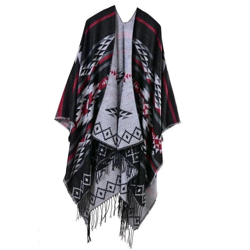 Tassel Cashmere Fork Shawl Poncho