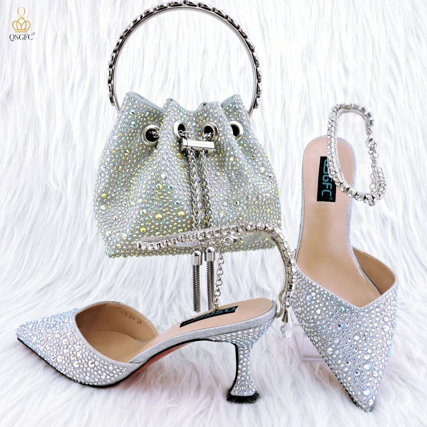 QSGFC Pointy Shoes And Bag Set Crystal Diamond