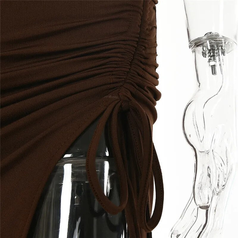 Halter Hollow Out Drawstring Long Dress Sleeveless Backless High Split