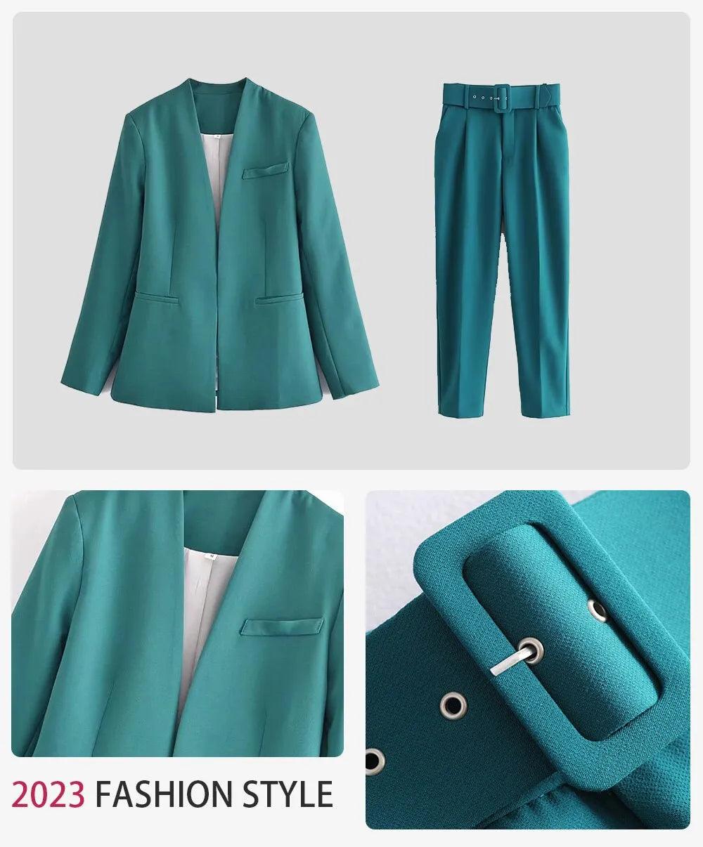 Two Pieces Set Office Wear Blazers Coat With Belt High Waist