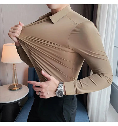 Stretchy High Elasticity Men Shirts Long Sleeve Slim Fit Casual