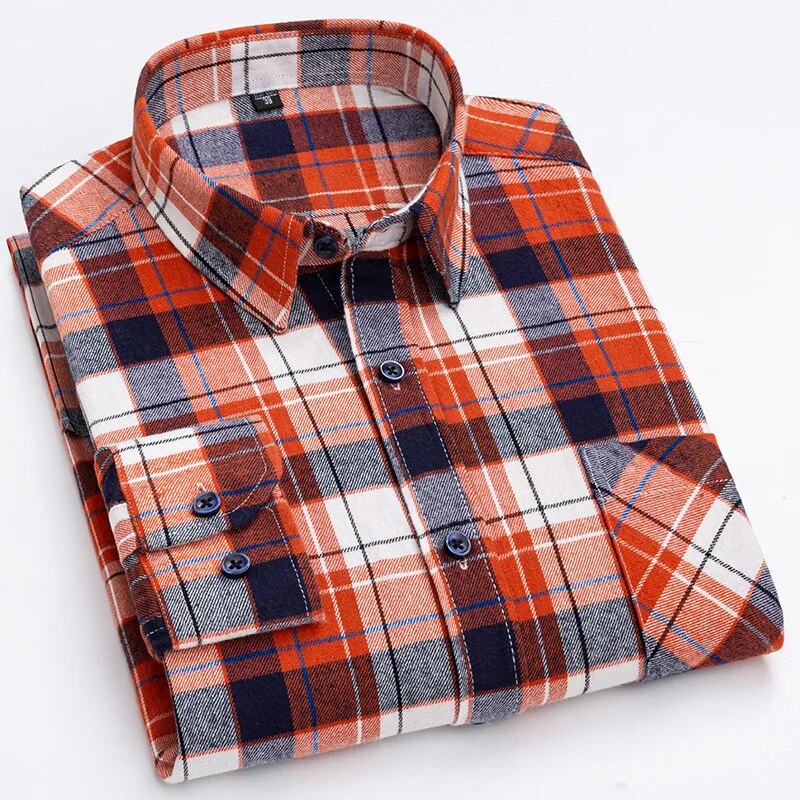 Pure Cotton Men's Plaid Long Sleeve Regular Fit Casual Plus Size