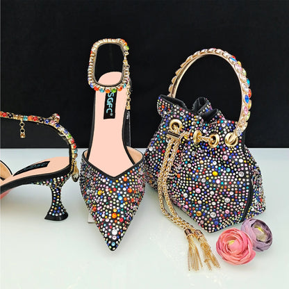 QSGFC Pointy Shoes And Bag Set Crystal Diamond