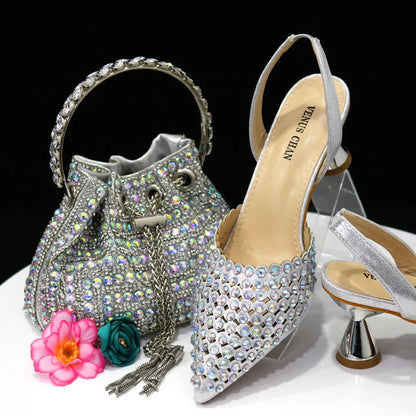 Pointed Toe Elegant Full Diamond Shoes and Bags Matching Set