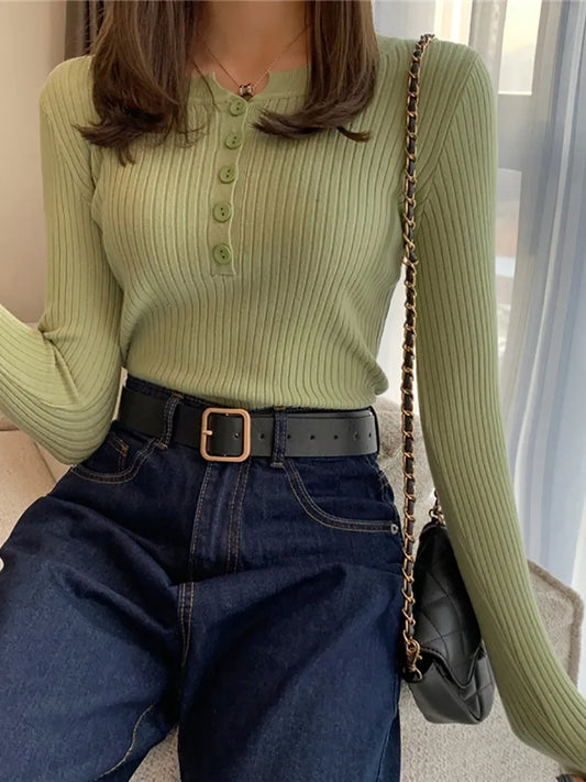 Knitted Button Pullover Sweater Slim