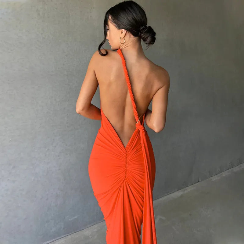 Oblique Shoulder Backless Maxi Dress Back Strap Sleeveless Long Dress