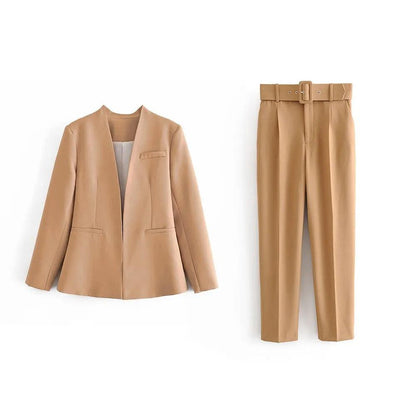 Two Pieces Set Office Wear Blazers Coat With Belt High Waist