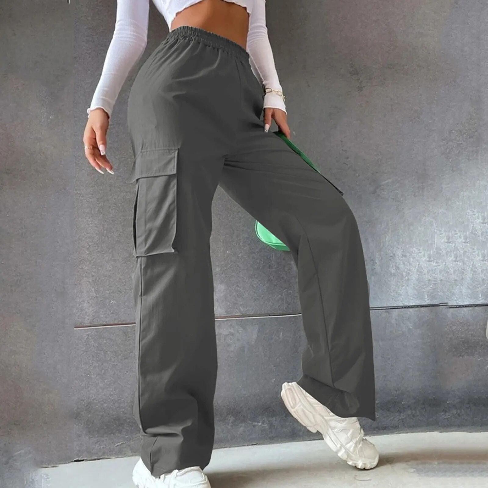 Pockets Casual Elastic Waist Loose Cargo Pants