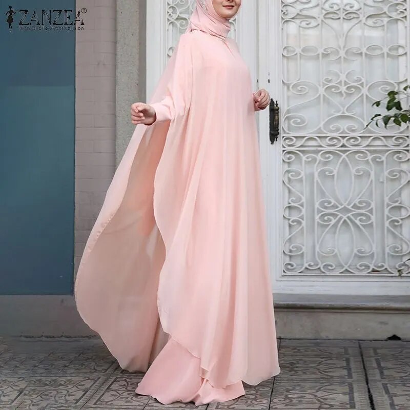 Long Abaya and Hijab 2pcs Long Sleeve Kaftan Dress