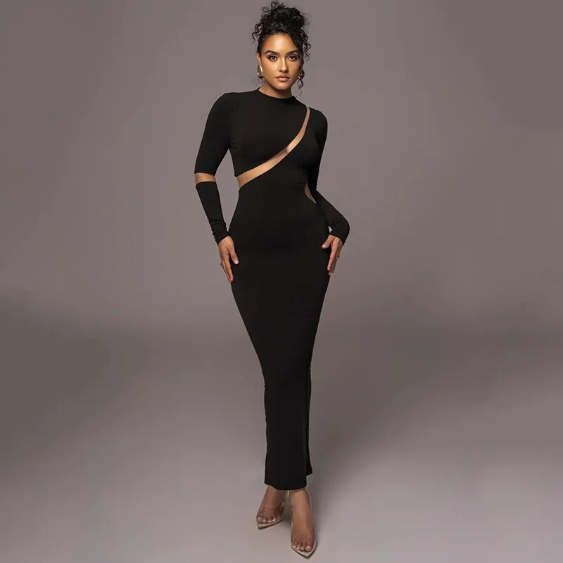 Round Neck Long Sleeve Elegant Tight Shaping High Elastic Long Dress