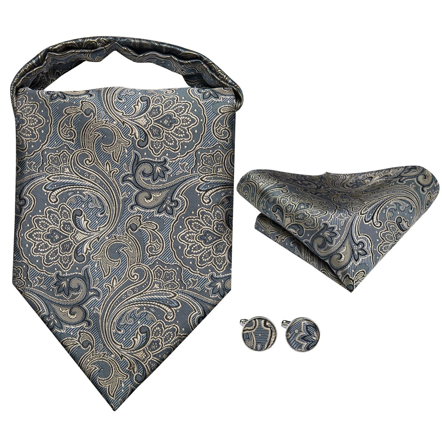 Hi-Tie Silk Mens Ascots Hanky Cufflinks Set Jacquard Paisley Floral Cravat