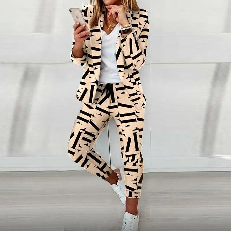 Elegant Office Women Blazers Pants Outfit Print Long Sleeve 2 pcs