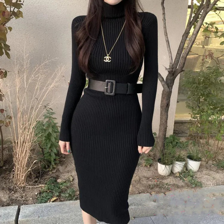 Knitted Bodycon Soft Elastic Turtleneck Dress With Belt