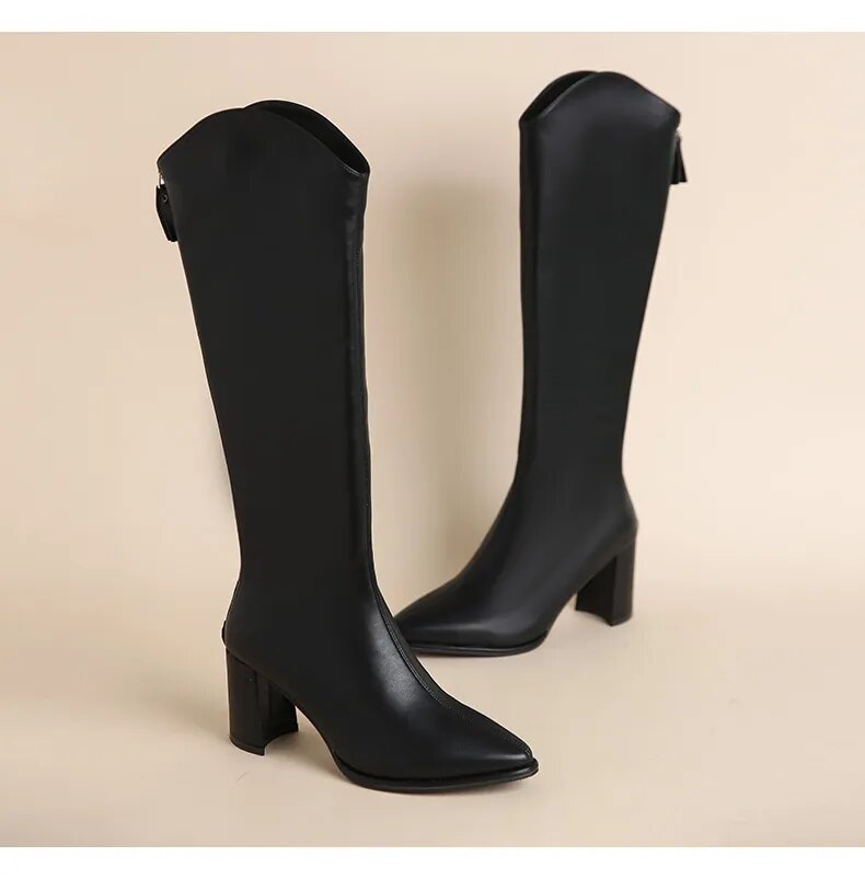 Classic Women Winter Zipper Thick High Heels Simple Design Boots