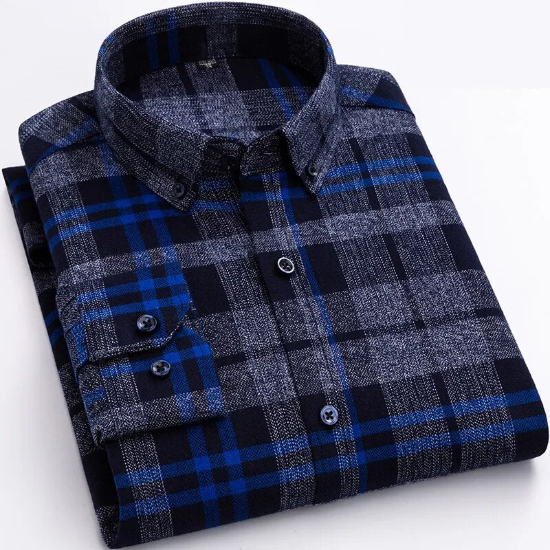 Pure Cotton Men's Plaid Long Sleeve Regular Fit Casual Plus Size