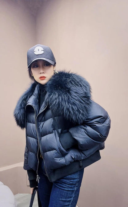 Real Raccoon Fur Collar Short Female Parkas Thick Warm Down Coat