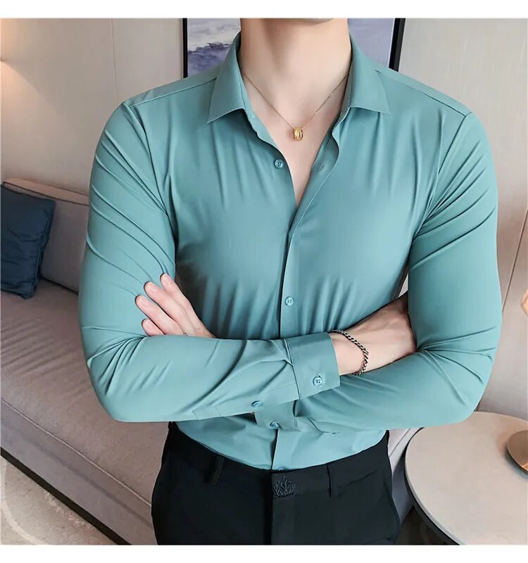 Stretchy High Elasticity Men Shirts Long Sleeve Slim Fit Casual