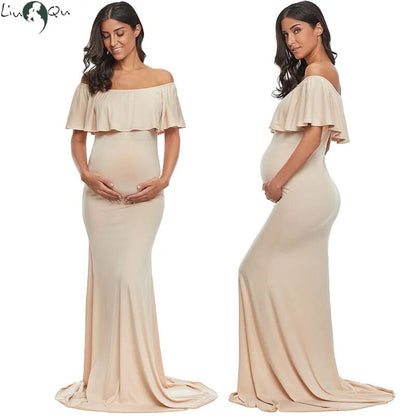 Maternity Elegant Slim Off Shoulder Long Dresses